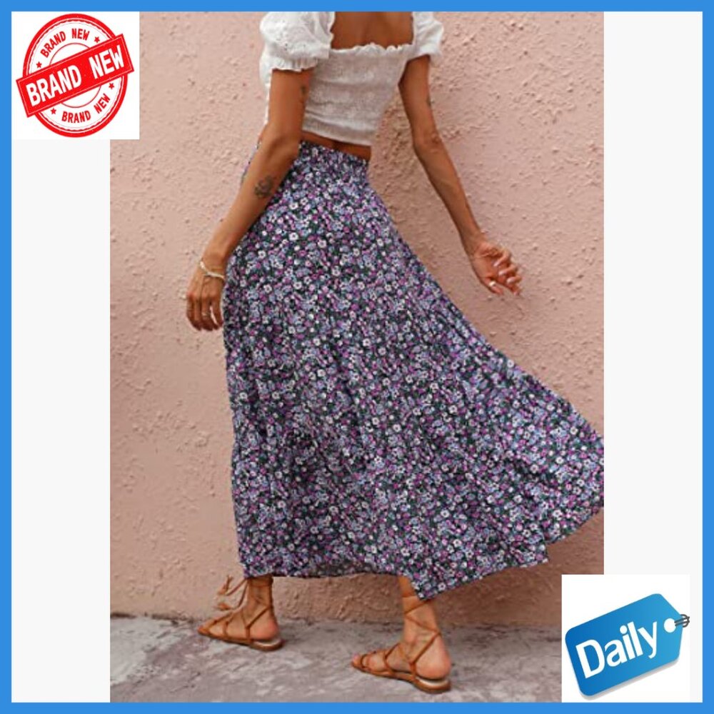 High Waist Boho Floral Maxi Skirt Lightweight Viscose Elastic Beach Casual - Picture 5 of 7